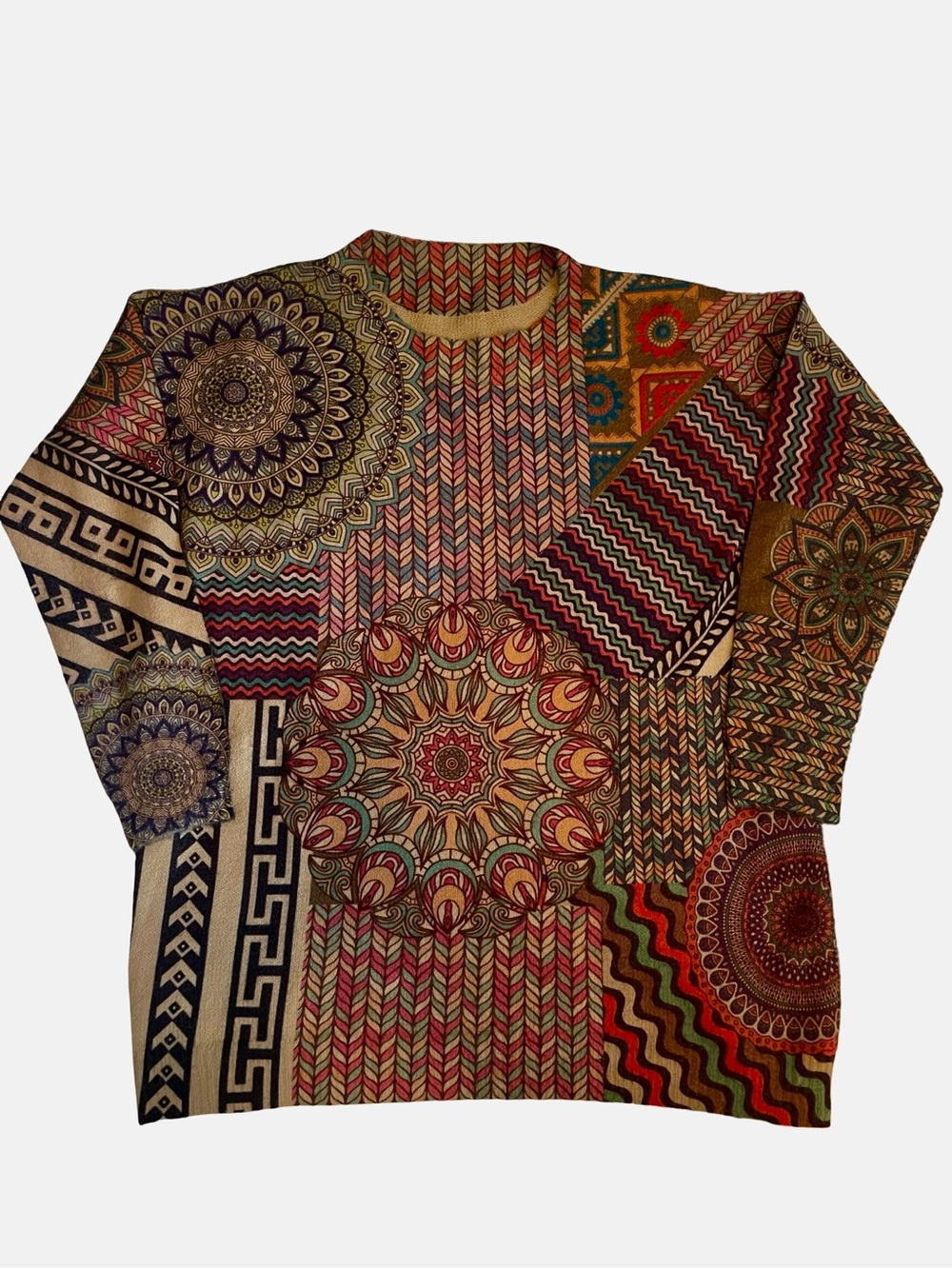 Multicolor Mandala Patchwork Crewneck Sweater - Women's